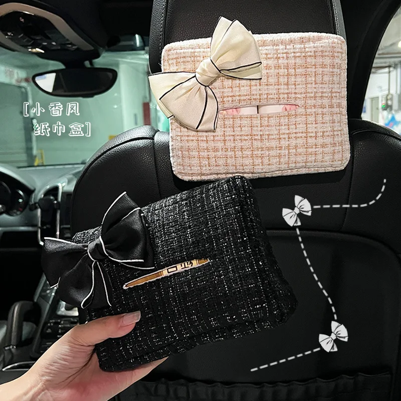 Small fragrant wind car tissue storage box hanging cute bow car drawer multifunctional car tissue box