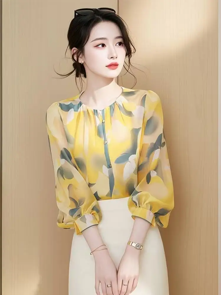 Women's Clothing Korean Fashion Floral Print Blouse Senior Feeling 2025 Spring Lantern Sleeve All-match Chiffon Shirt for woman