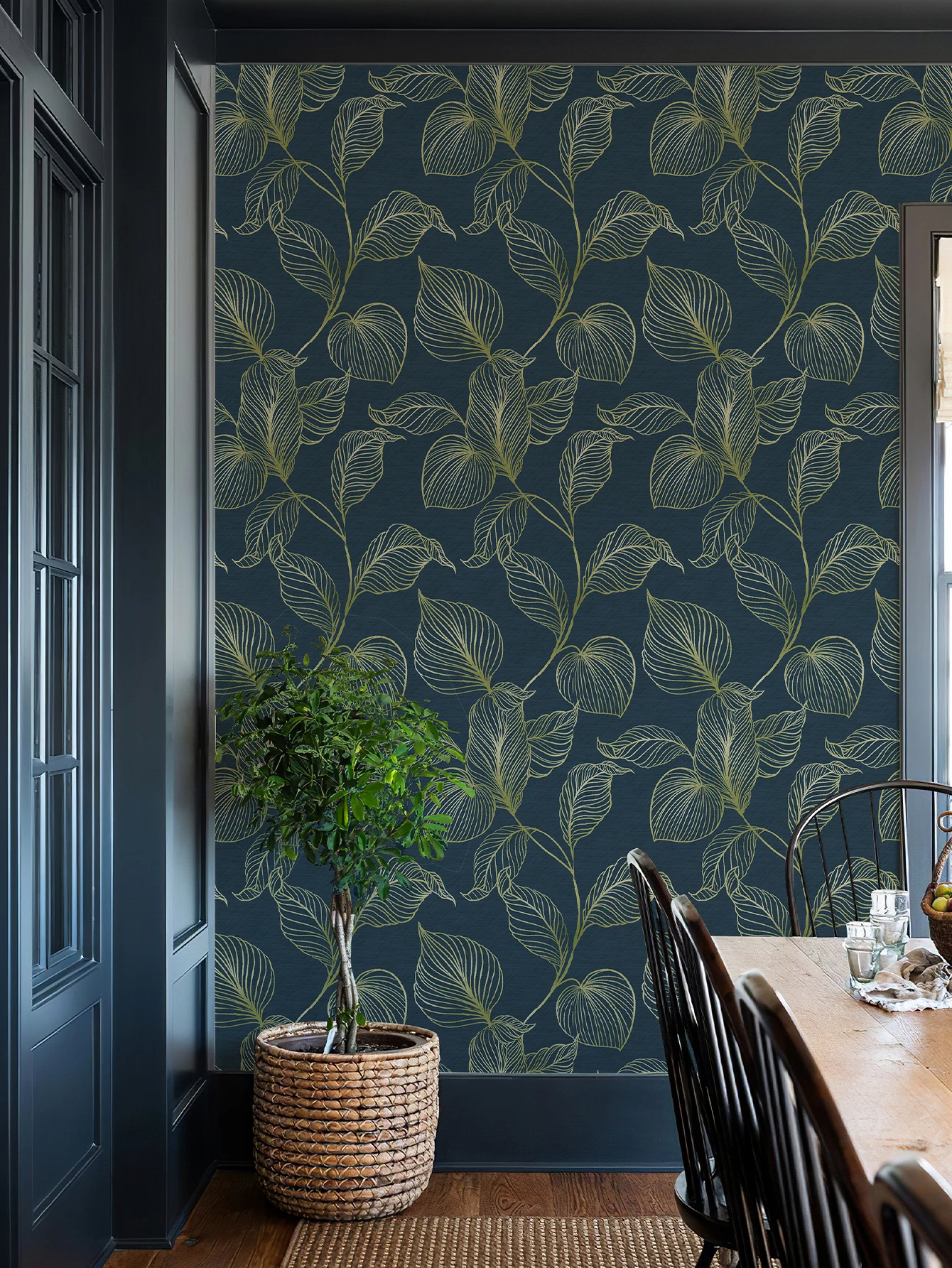 Gold Sketch Leaves Peel And Stick Wallpaper Chic Dark Blue Self Adhesive Home Decoration Waterproof Kitchen Wall Sticker