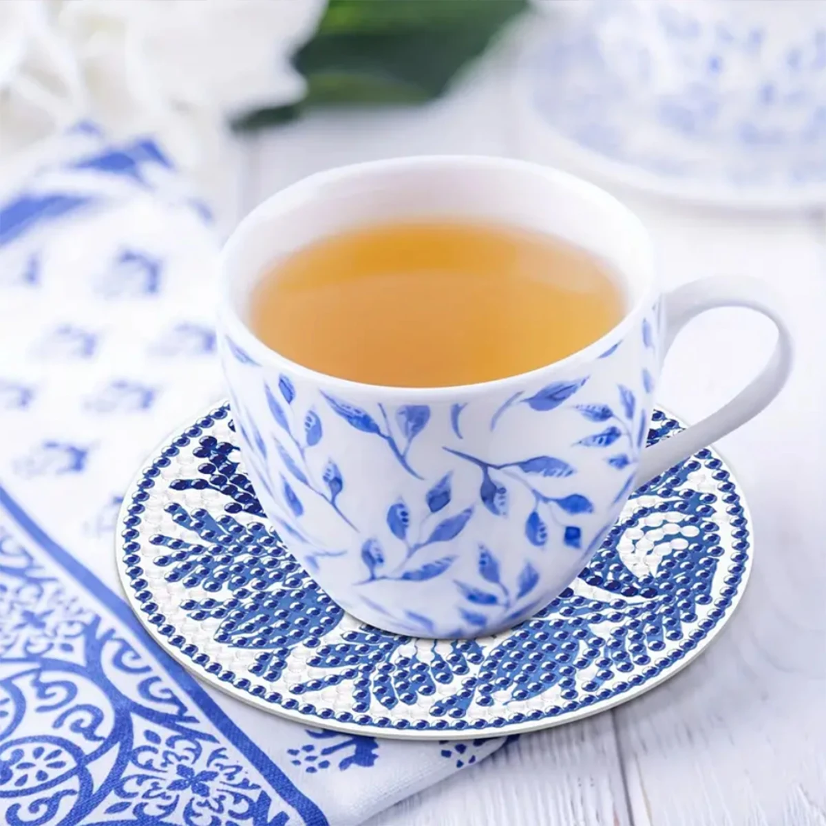 8-piece Set of DIY Diamond Painted Coasters with Blue and White Porcelain Pattern and Complimentary Cup Holder