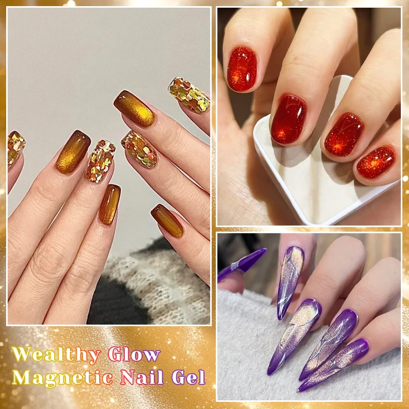 7ml Wealthy Glow Magnetic Cat Eye Gel Polish Glitter Gold Holographic Magnetic Summer Nail Polish Soak Off UV Transparence Gel