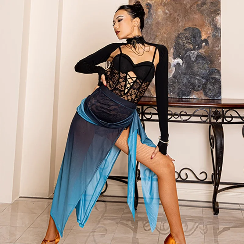 

2024 Latin Dance Clothes Women Lace Tops Split Skirt Rumba Practice Wear Tango Dance Performance Costume Competition Dress 12168