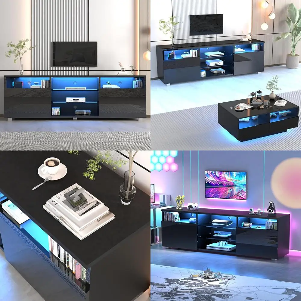Modern LED TV Stand for 75-80 Inch TVs, High Gloss Media Console with Drawer and LED Lights, Contemporary Design