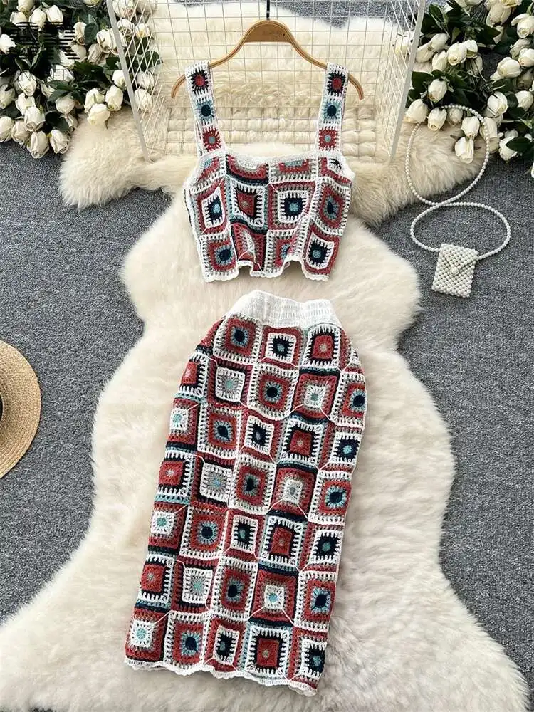 BabYoung Sexy Bohemian Two Piece Set Women Hook Flower Hollow Tank Top Bodycon Elastic Waist Skirt Summer Vacation Knitted Suit
