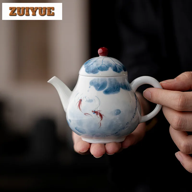 

145ml Hand-painted Fish Play Lotus Pond Teapot Pure Handmade White Porcelain Zen Pot Tea Maker Kettle Cha Accessories Ornaments