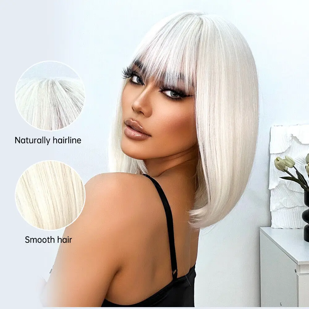 Women Dress Up Wig With Bangs Synthetic Hair Natural Straight Platinum blonde