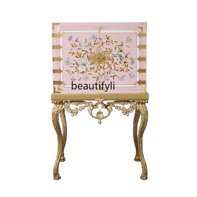 

S European Court Solid Wood Painted Curio Cabinet Luxury Multi-Functional Storage Wine Cabinet Dresser Bedroom Customization