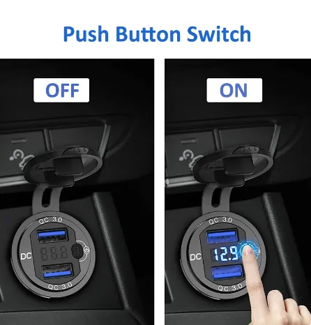 QC3.0 car Dual USB Car Charger with Switch Button LED Voltage Display 12V/24V Quick Charger for Cars Boats Car Motorcycle Marine
