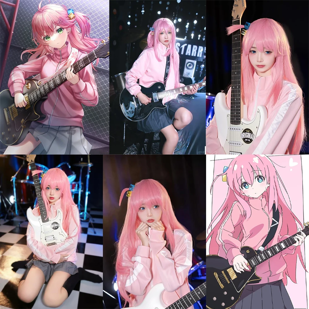 أنيمي Gotoh Hitori تأثيري الشعر الاصطناعية 32 بوصة الوردي طويل مستقيم الشعر مرحلة الأداء اليومي حفلة عالية الجودة شعر مستعار للمرأة