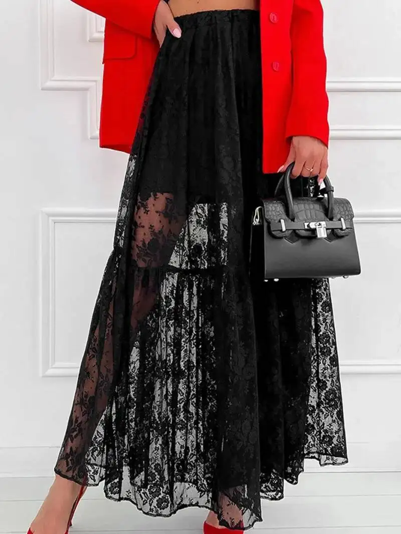 Black Lace Mesh Skirt Women's High Waist Midi Skirt Tulle Long Skirt Women's Translucent Party Women's Sexy Skirt 2026 U0PK