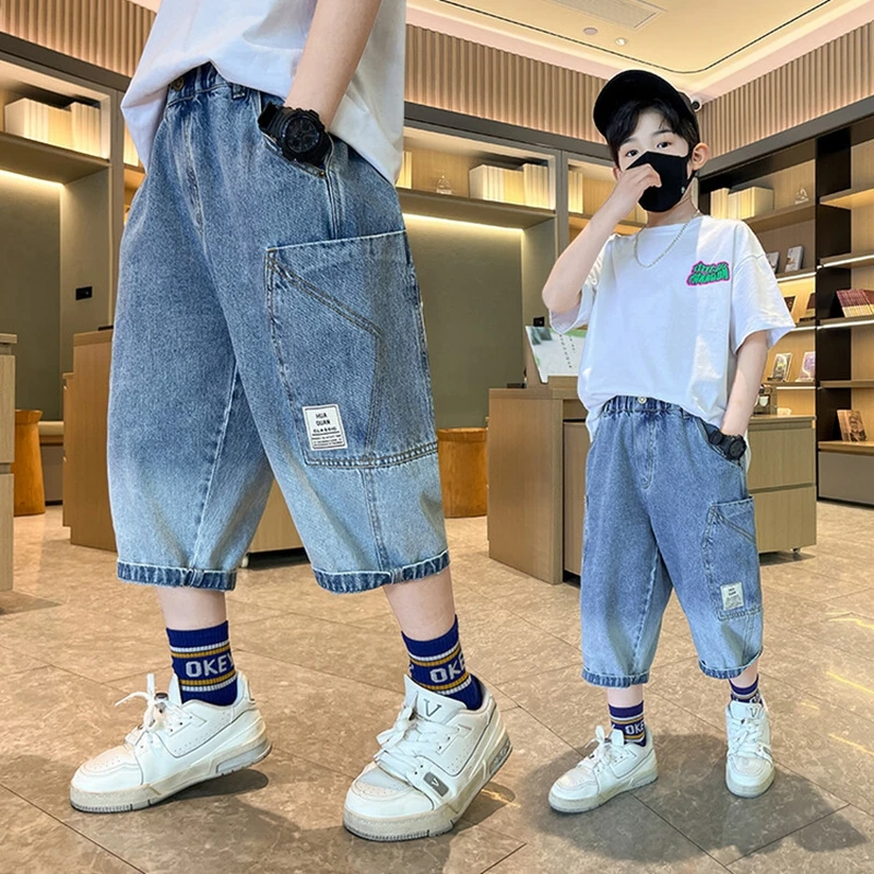 New Summer Denim Short Trousers Boys Big Smile Jean Shorts Children Casual Loose Pant Denim Teen Kids Summer Beach Short 3-14Y