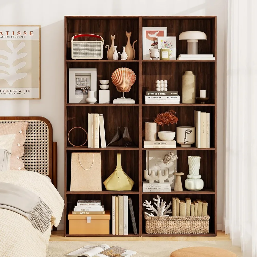 مجموعة خزائن كتب طويلة مكونة من 5 طبقات، أرفف خشبية قائمة على الأرض، ألواح سميكة، مضادة للرشح، حلول تخزين مفتوحة #5