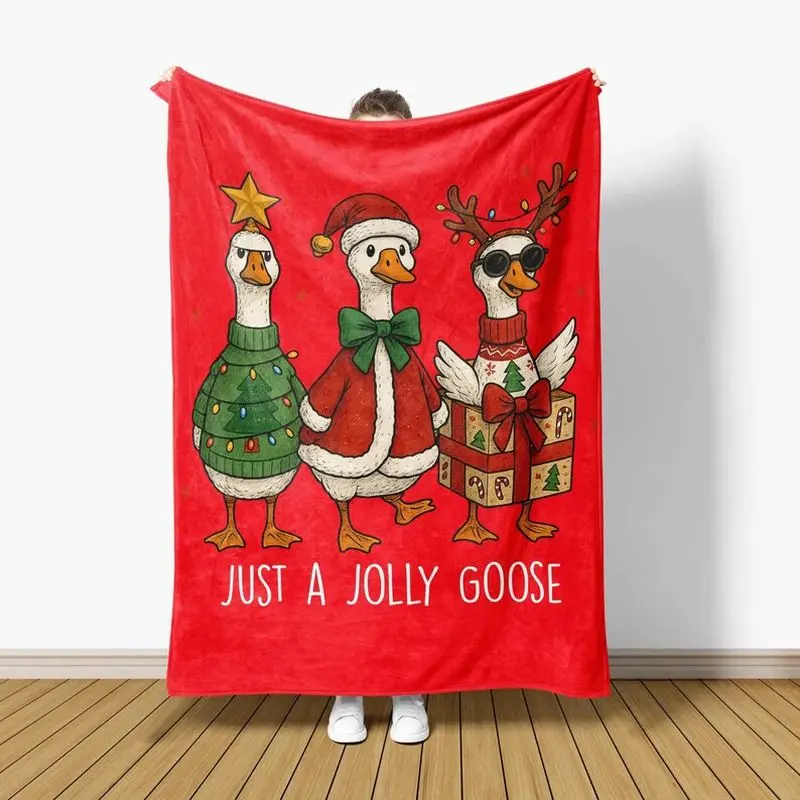 VIKAMA Cute Christmas Goose Blanket Just A Jolly Goose Kids Throw for Sofa Living Room Bedroom Cozy Warm Holiday Xmas Gift