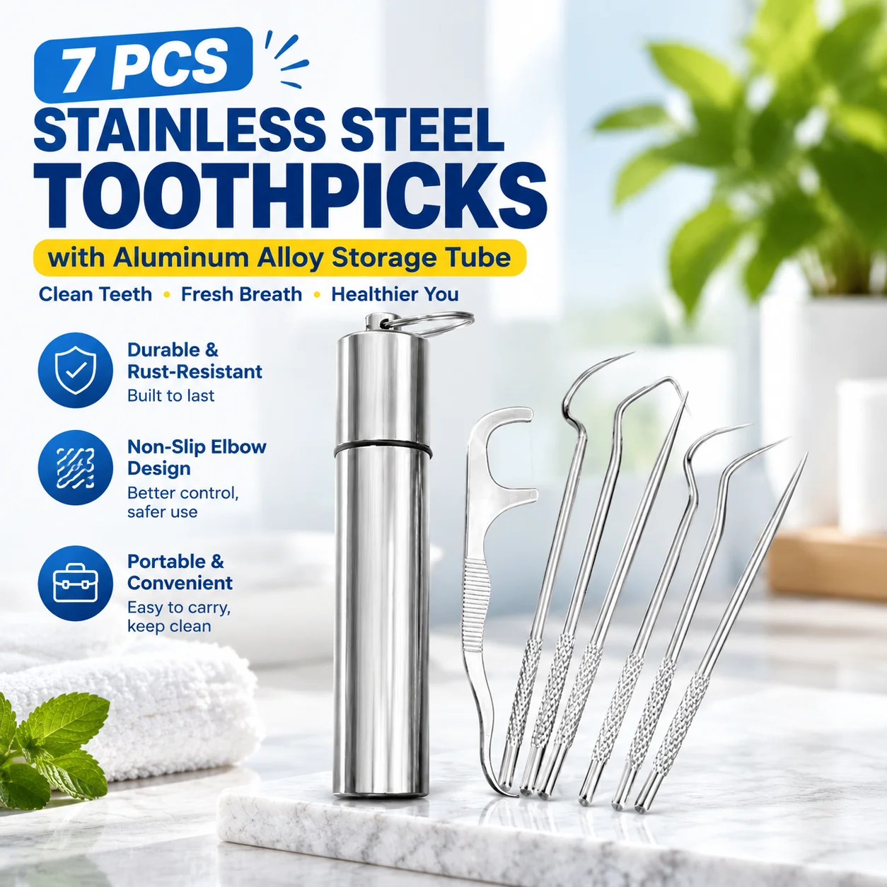 7 Pcs 304 Stainless Steel Toothpicks with Aluminum Alloy Storage Tube, Non-Slip Elbow Design, Reusable Oral Cleaning Set