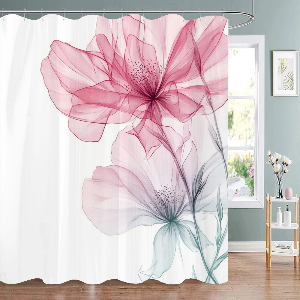 

Colorful Flowers Shower Curtain for Bathroom Pink Floral Romantic Plants Nature Scenery Decor Shower Curtain with Hooks