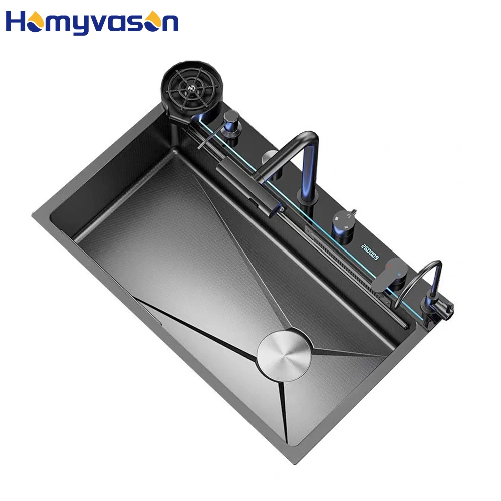 68/75/80cm Anti-scratch LED Digital Display Multifunctional Waterfall Sink Slot  Single Bowl 304 Stainless Steel Kitchen Sink