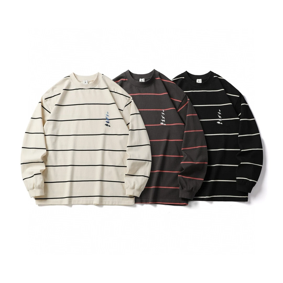 

Kapital Vintage Japanese Sle Retro Striped Embroidered Loose Comfortable Pure Cotton Long Sve Men's T-irt Base irt