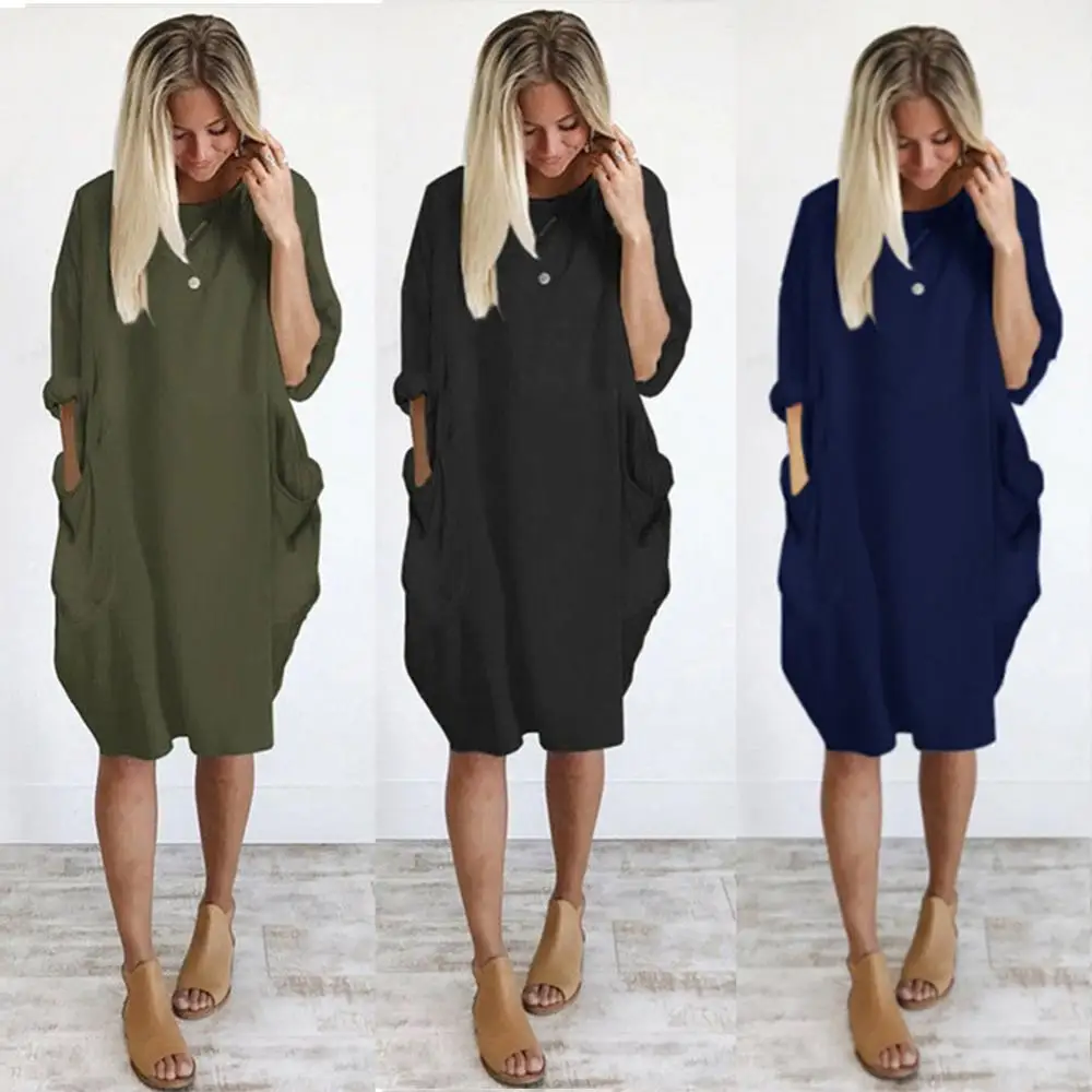 Robe longue à col rond pour femme avec poche, streetwear décontracté, monochrome, mode pour femme, grande taille