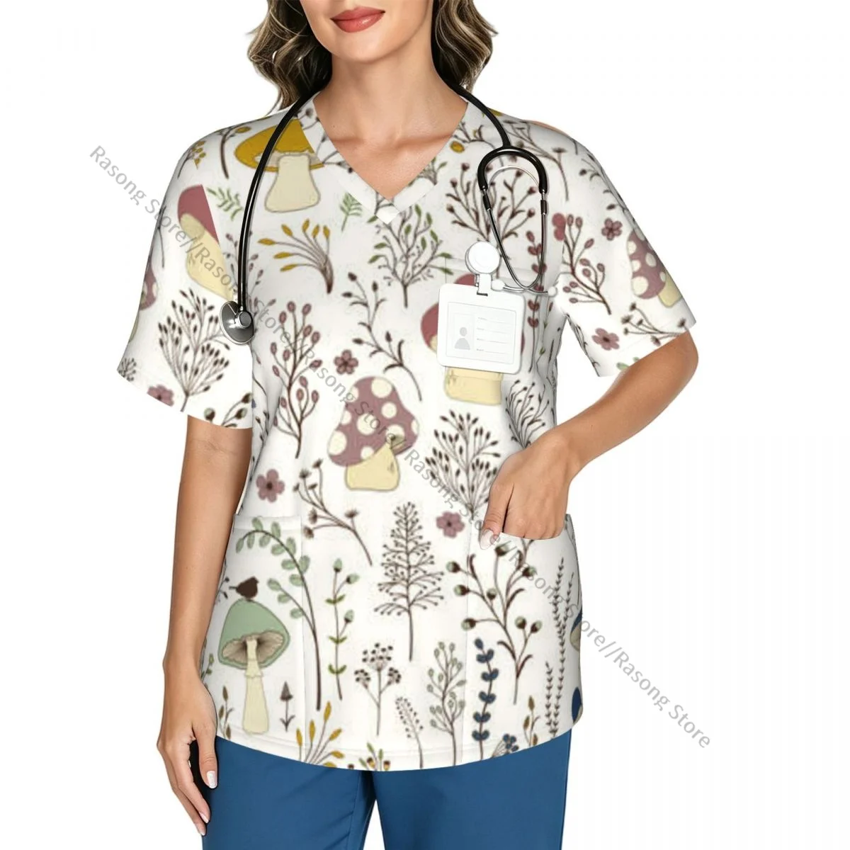 Wild Forest Mushrooms Scrubs Medical Uniforms Women V Neck Short Sleeve Tunic Scrubs Tops Nursing Surgical Uniforms