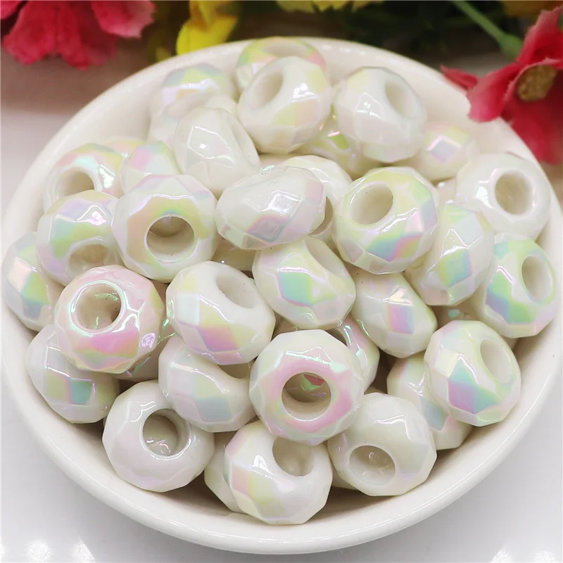 10Pcs 14mm White AB Color Cut Faceted Acrylic Resin Beads Charms 5mm Large Hole for Bracelet Women Hair Bridal Beads Shoelaces