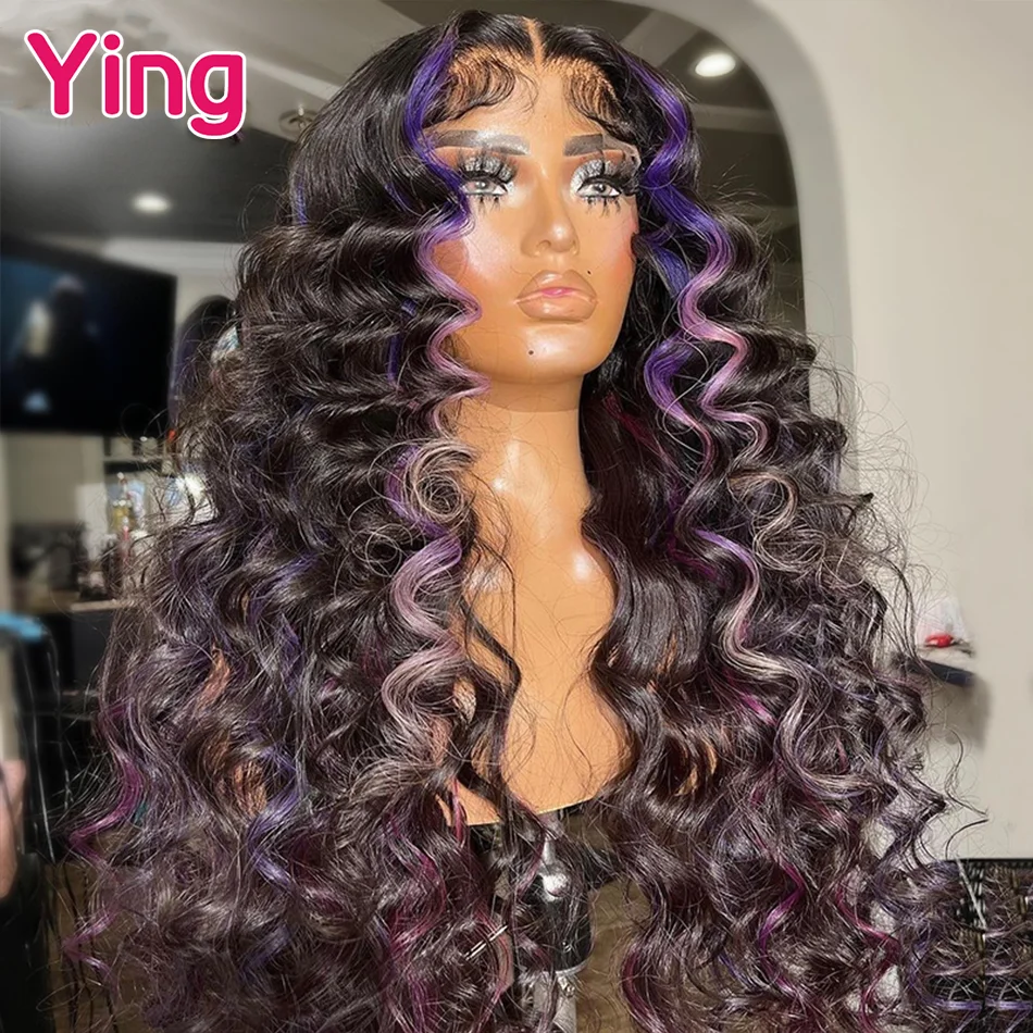 Ying 180% 13x4 peruca frontal do laço encaracolado destaque roxo colorido peruca do laço 13x6 onda profunda solta perucas de cabelo humano preplucked para mulher