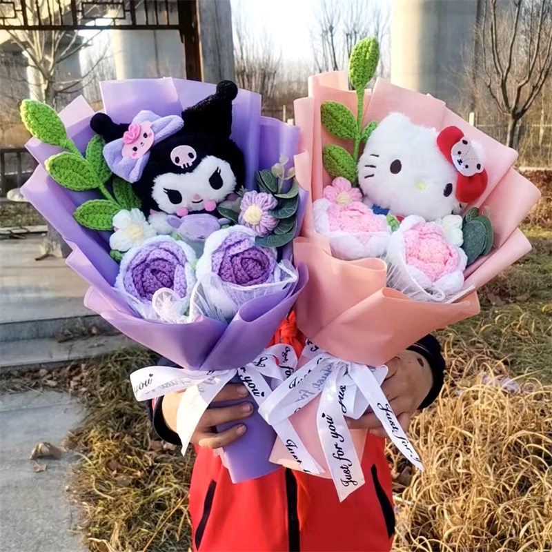 Hello Kitty Kuromi Cinnamoroll My Melody Plush Bouquet with Handmade Woven Rose Party Decoration Valentine's Day Birthday Gift