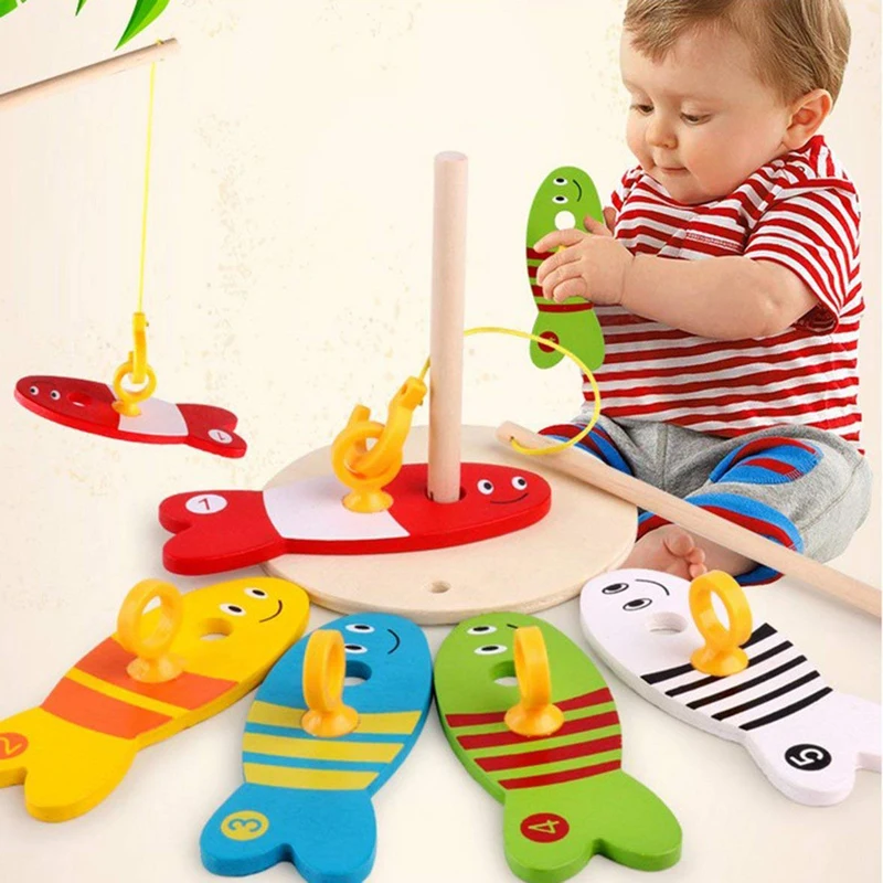 8Pcs/Set Wooden Fishing Digital Toys Baby Kids Fish Set Column Blocks Game Children Cute Early Educational Cartoon Toy