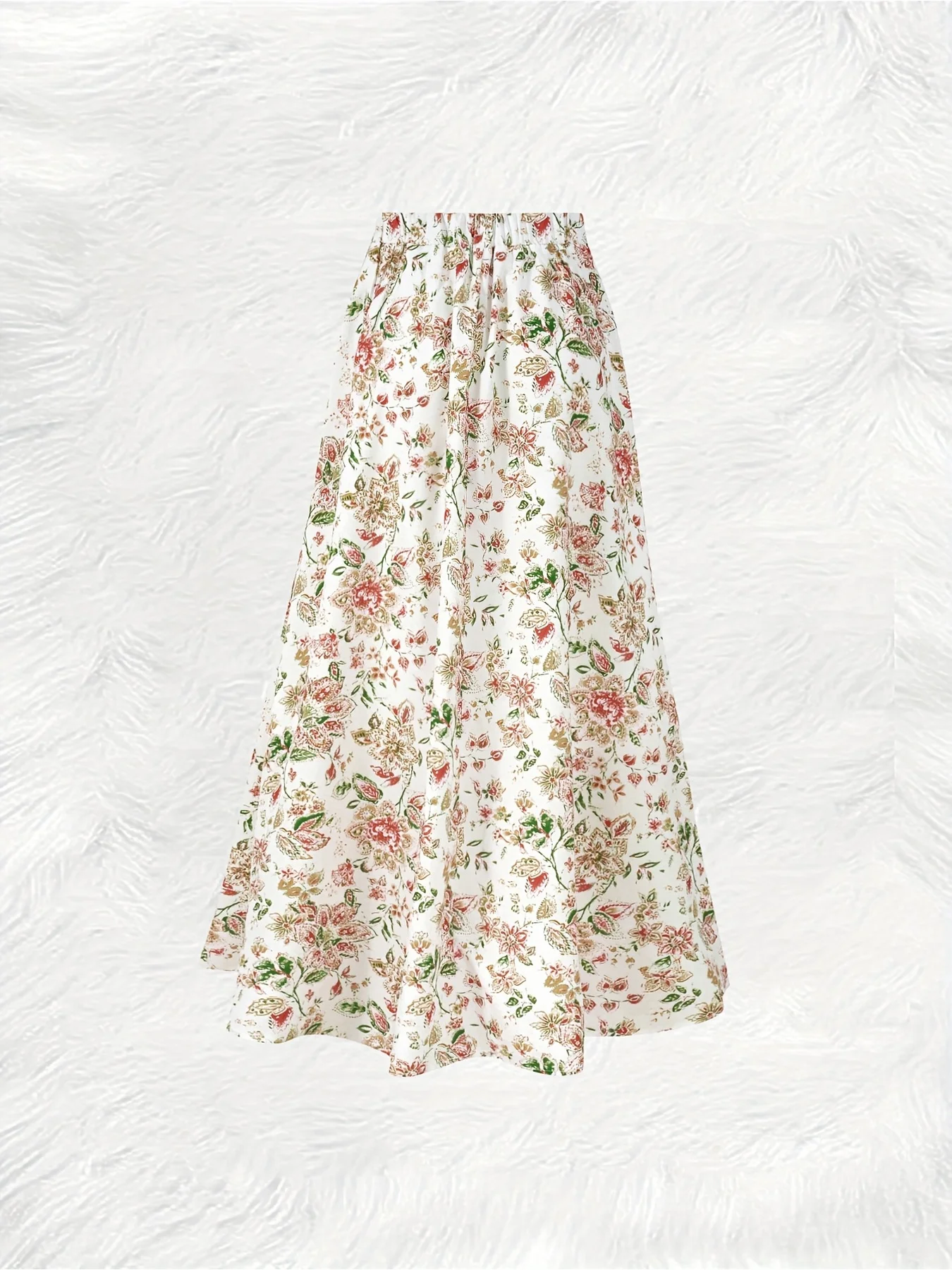 Printed Design Red & White Ditsy Floral Print All-Season Women's Maxi Skirt, Boho Elastic Waist Flowy Half Skirt