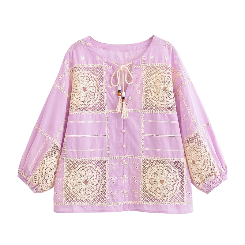 

2025 Women Vintage Puff Sleeve Lace Up V Neck Hollow Out Embroidery Shirt Casual Loose Autumn Blouse