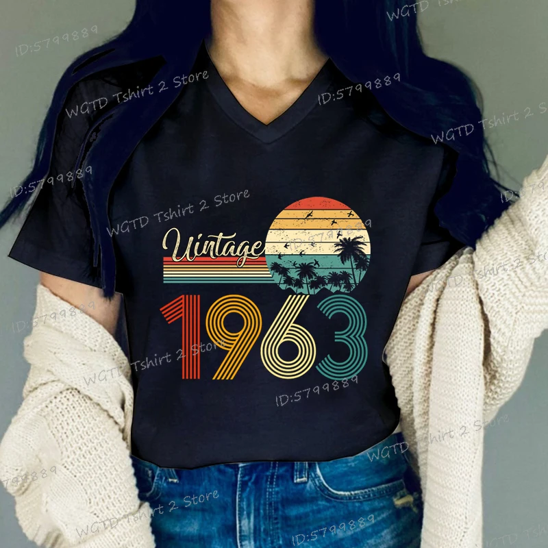 62th Birthday Gift Women Summer V-neck Short Sleeve T-shirt Vintage 1963 Classic Tops Women 62 Years Old Anniversary T-shirtS