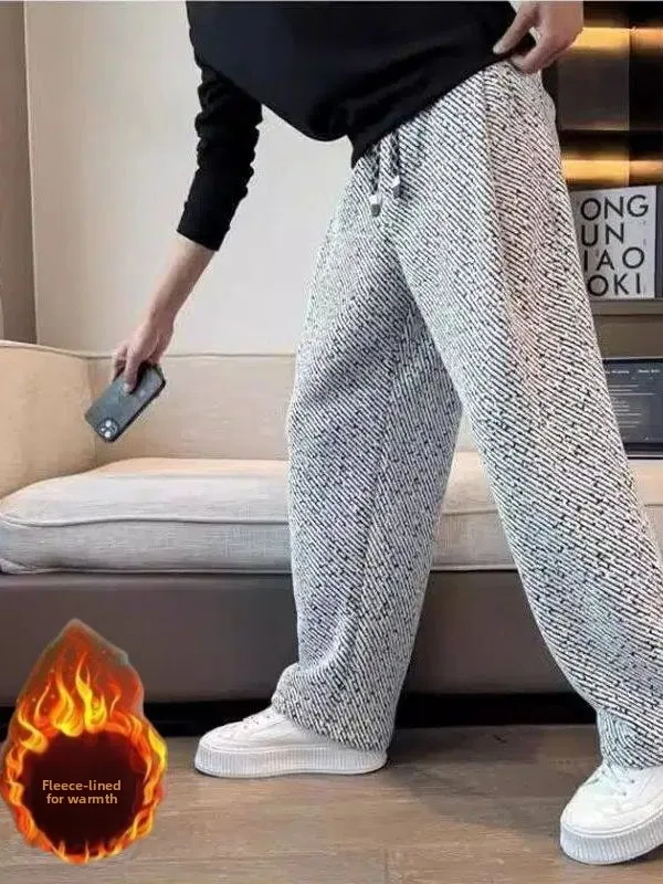 بنطلون رجالي على الطراز الأمريكي سميك للخريف والشتاء، بنطلون رياضي كاجوال مستقيم الساق مخطط للشباب