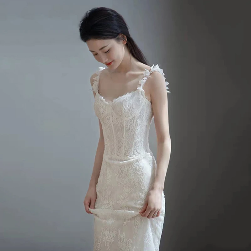 AnXin SH – robe de mariée sirène en dentelle blanche, Vintage, rétro, bretelles spaghetti, petite fleur, trompette de mariée