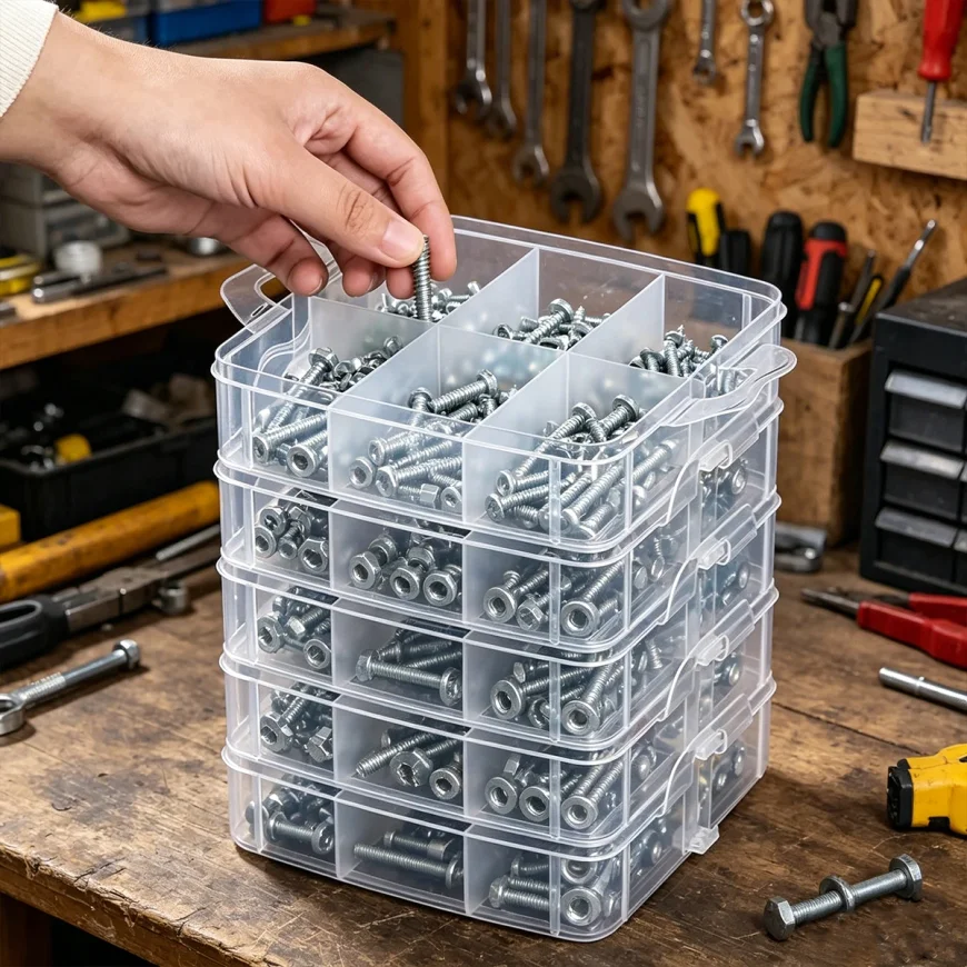 1pc Stackable Plastic Hardware Storage Box, Multi-Layer Screw Bolt Parts Sorting Box Portable Handheld Desktop Parts Storage Box