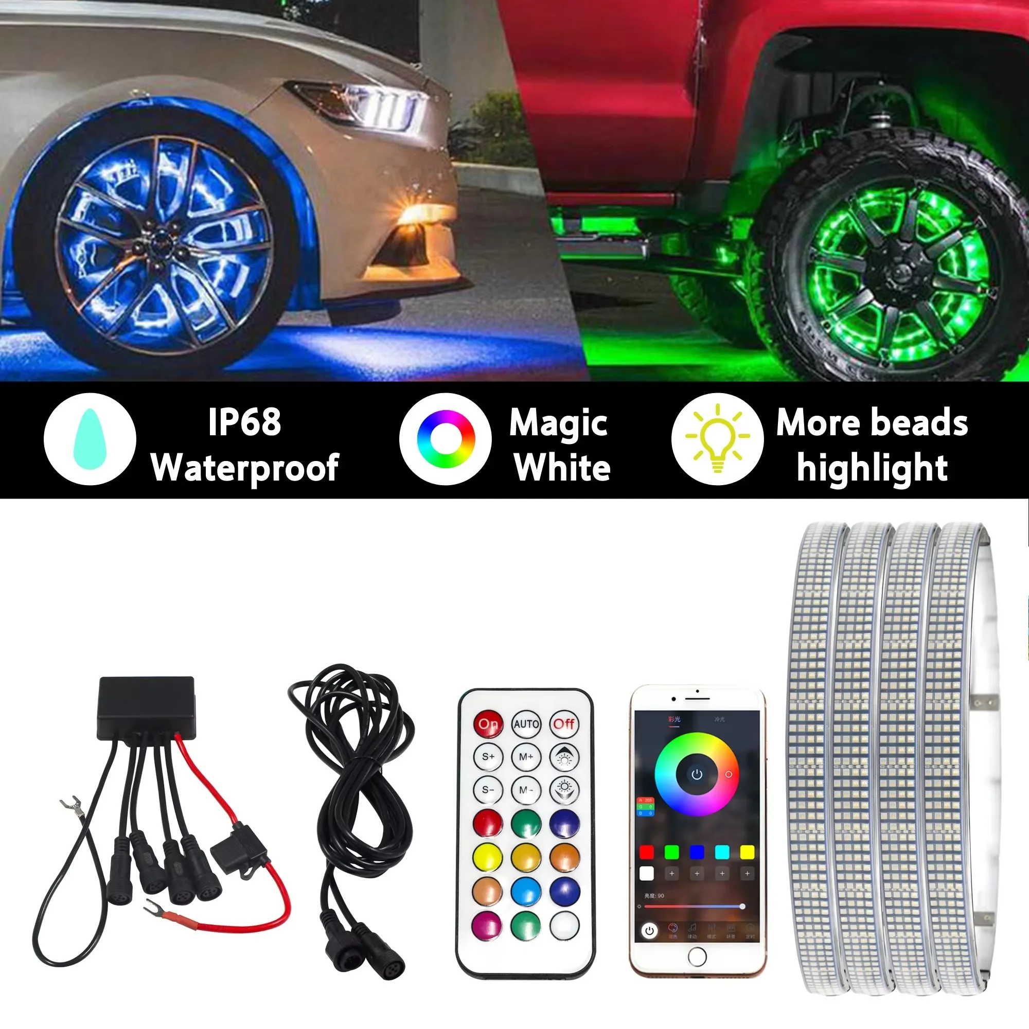 IP68 Wasserdichtes RGBW-Farbring-Radlicht, 12 V, vierreihiges LED-Reifenbeleuchtungsset für Auto, SUV, LKW, Offroad, Nebelscheinwerfer
