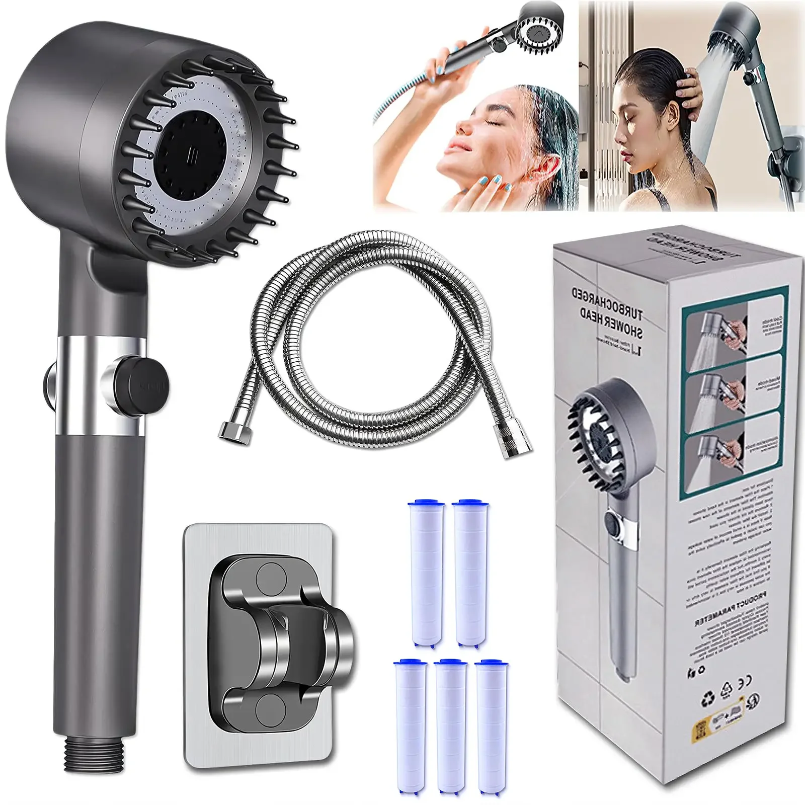 

Multifunctional Massage Shower, Handheld High Pressure Shower Head,Massage And Skin Beauty Multifunctional Shower, 3 Settings 4 in 1 Detachable Showerhead with 47" Hose, Bracket and 5Filters hard water small business must haves