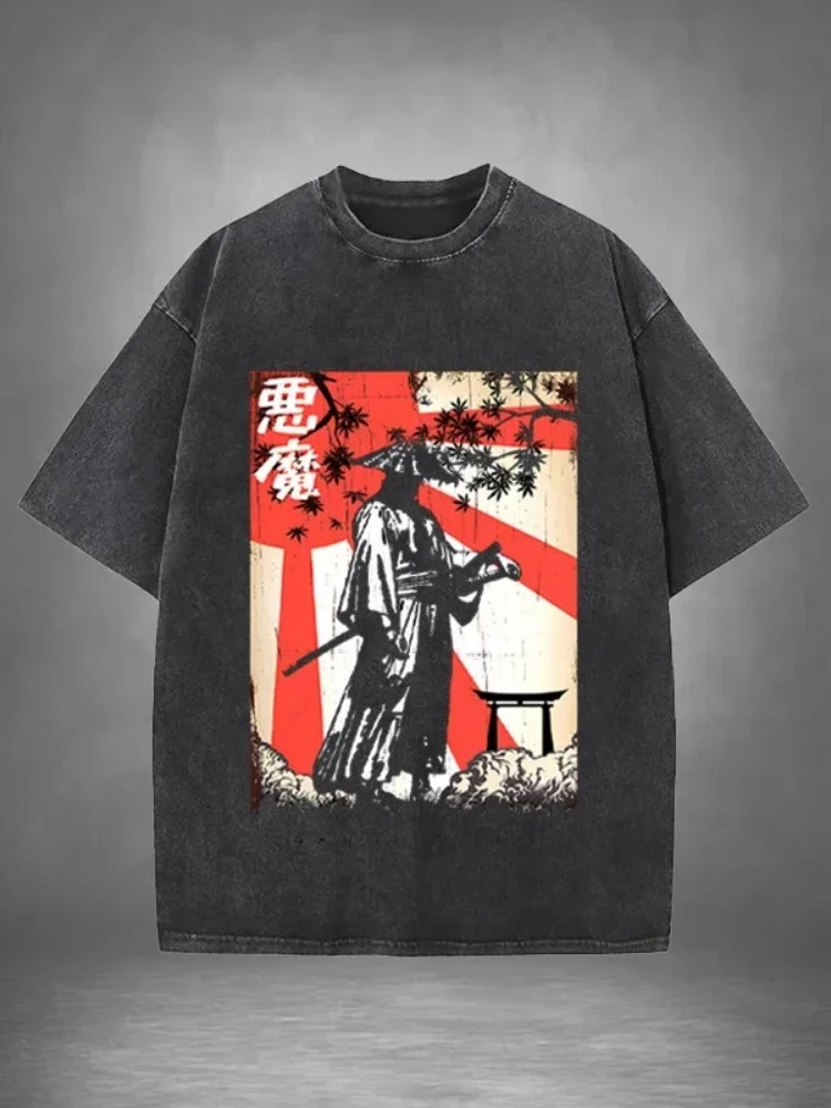 

100% Cotton Men's Japanese Samurai Illustration Print Washed T-Shirt Fashion Short Sleeve Summer Holiday Tees Casual Hiphop Tops