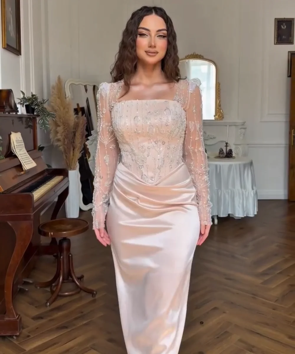 Customized Classic Charmeuse Pleat Sequined Pattern Straight Square Neck Long Bespoke Occasion Celebrity Dresses