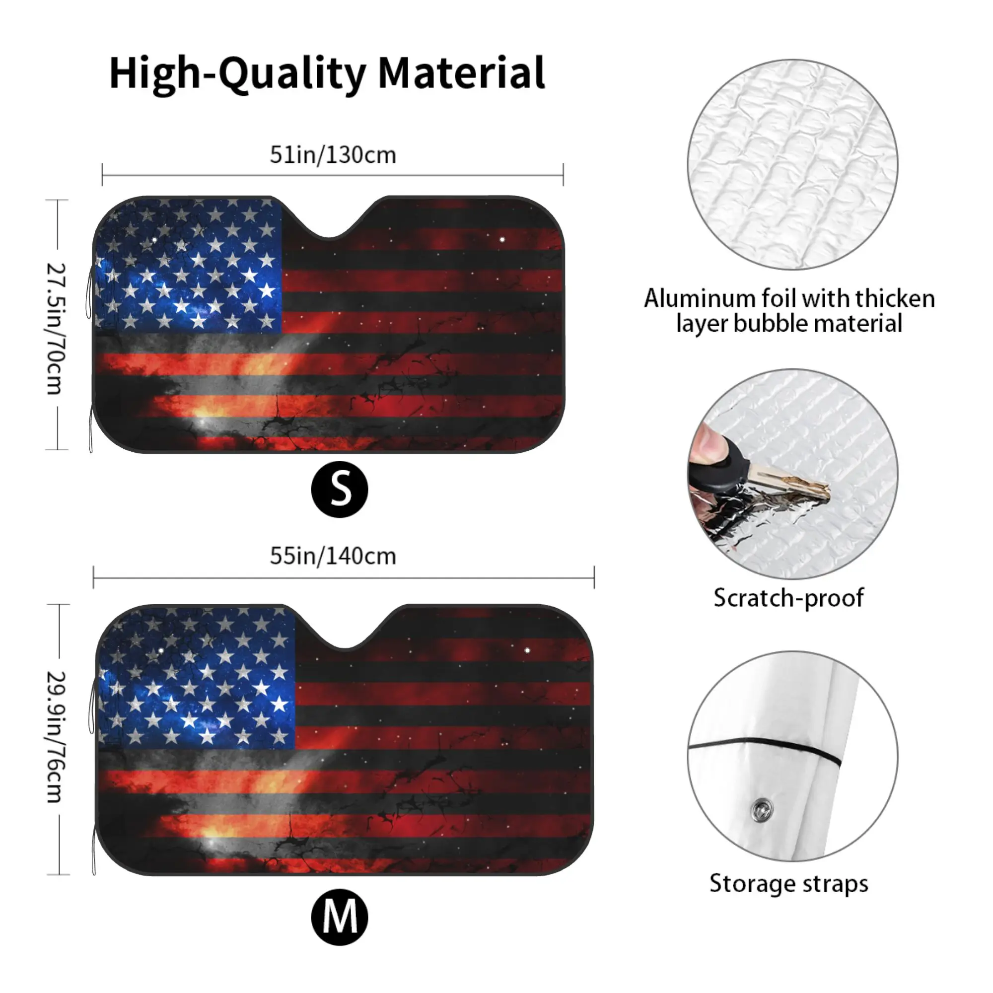 US Flag Windshield Sun Shade, Foldable Car Sunshade for UV Protection and Interior Cooling, Durable Aluminum Foil Shield
