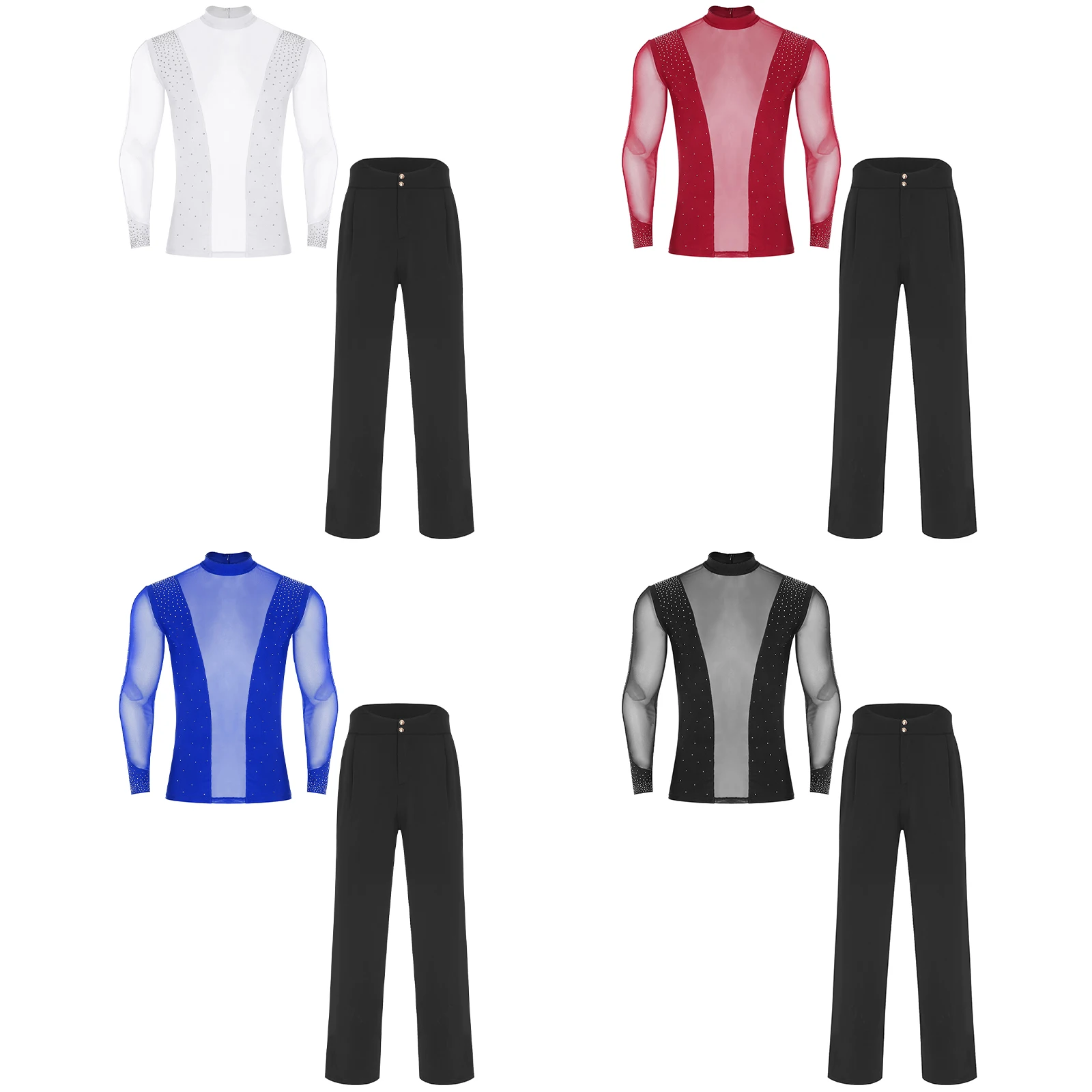 Tenue de danse de Ballet latine pour hommes, haut en maille transparente brillante et pantalon Long droit ample, vêtements de danse pour Rumba Tango danse moderne