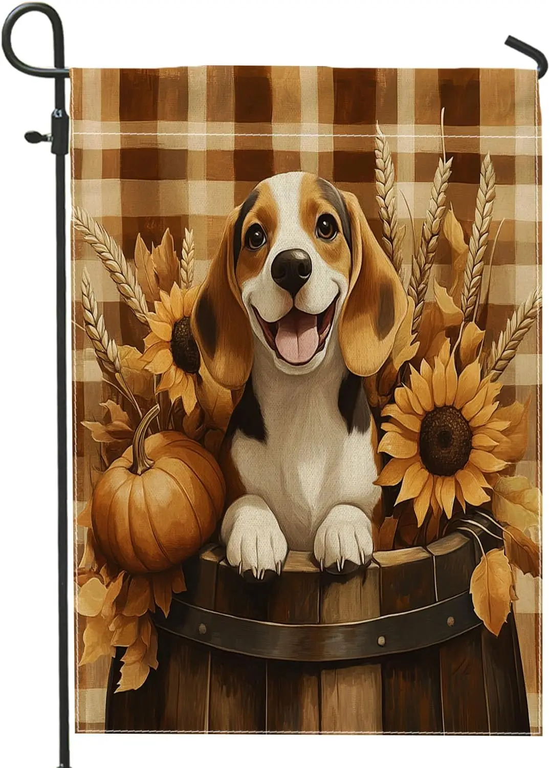 Farmhouse Fall Beagle Dog Garden Flags 12x18 Inch for Outside, Autumn Plaid Pet Standard Vertical Linen Flags for House, Pup UUN