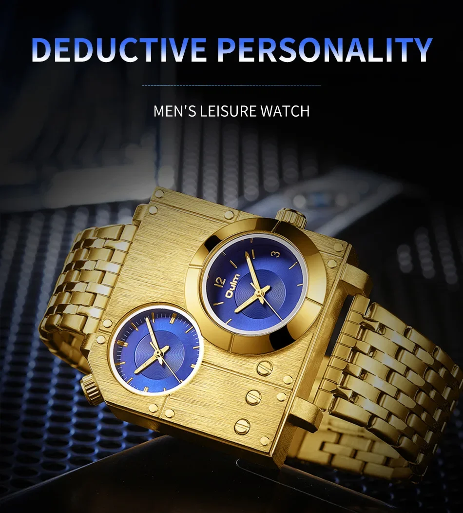 Oulm Brand New Style Unique Designer Men's Watches Stainless Steel Big Dial Quartz Watch Two Time Zone Men Military Wristwatch