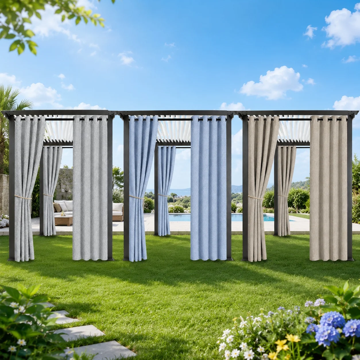 1panel Waterproof Outdoor Curtain, 100% Blackout Faux Linen Curtains for Garden Patio Porch Living Room Bathroom Pergola Cabana