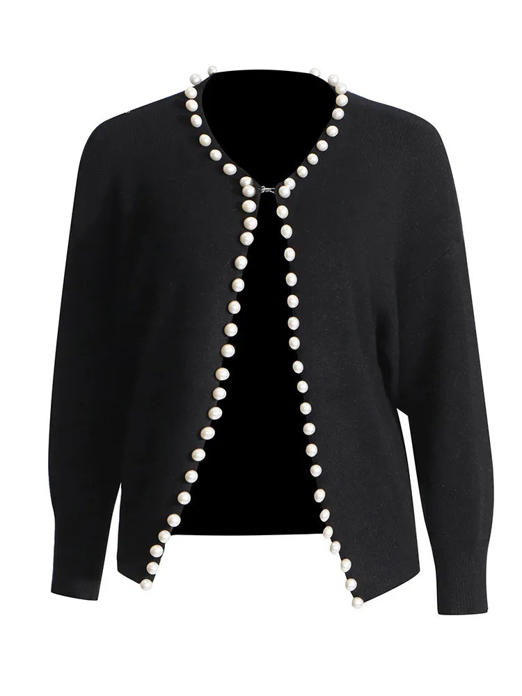 BPN-Chaquetas de punto minimalistas para mujer, cárdigan holgado de manga larga con cuello redondo y perlas empalmadas, estilo de moda, otoño