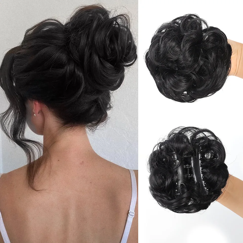 

Natural black synthetic hair clip bun messy curly hair bun clip hair extension wig on a woman's ponytail