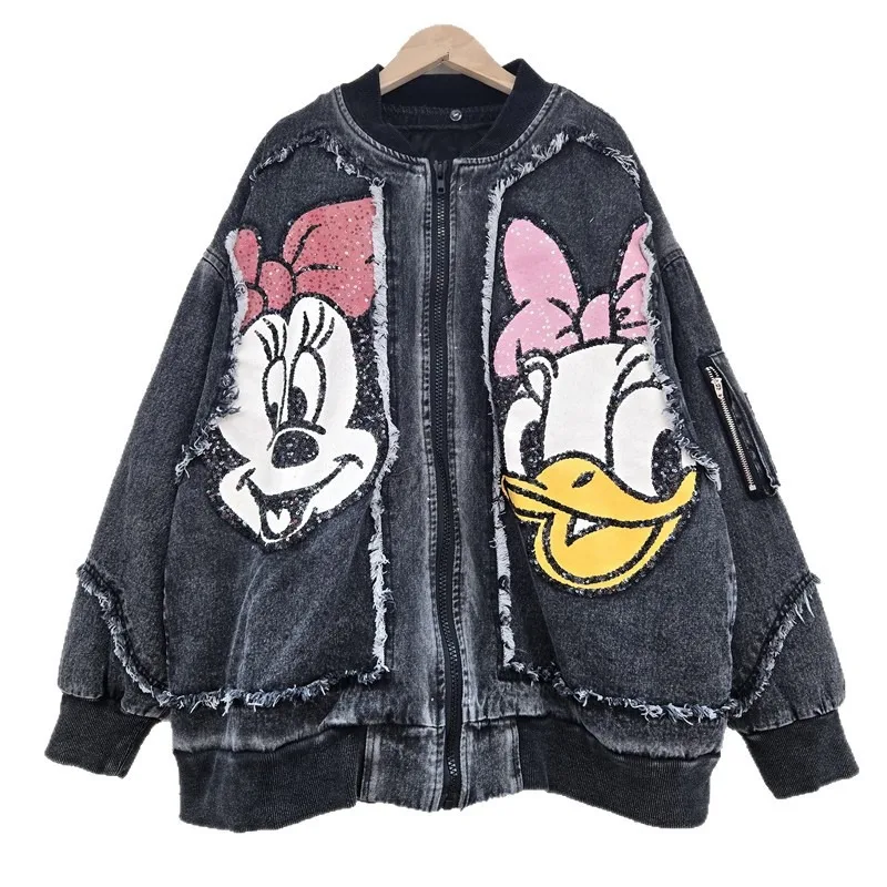 แจ็คเก็ตยีนส์ผู้หญิงทรงโอเวอร์ไซส์ลายการ์ตูนสีสันสดใส - แจ็คเก็ตสตรีทแวร์สไตล์ฮิปฮอปประดับเลื่อมงานฝีมือหนัก ปี 2025 พร้อมแผ่นเสริมทรงแบบถอดได้