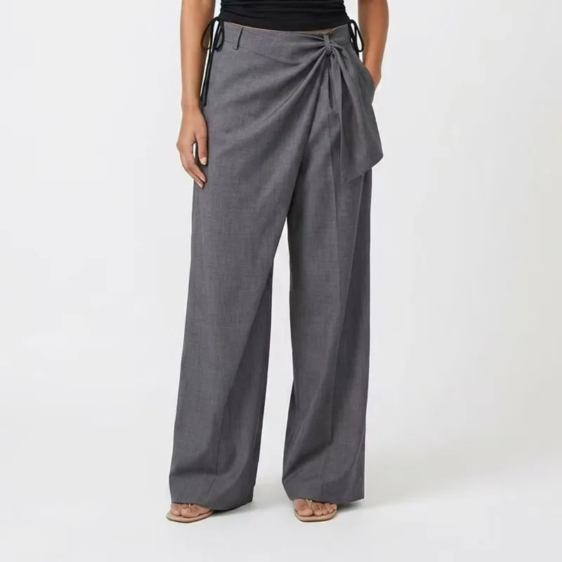 Women's Bow-Detail Pants, Wool-Blend Wide-Leg Pants, Casual and Versatile High-Quality Straight-Leg Pants, 2026, New Arrival, view 2