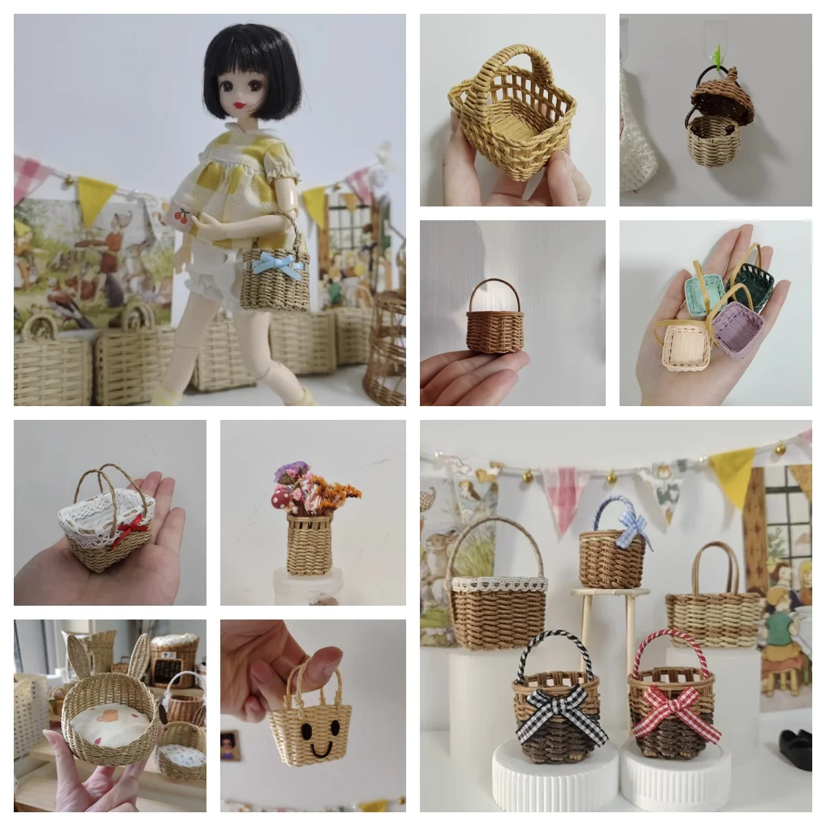 

Набор мини-корзиков ручной работы для кукольного домика, бумажная лоза, ротанговая корзина с фруктами, корзина для цветов, кровать для домашних животных, миниатюрные аксессуары в масштабе 1:6