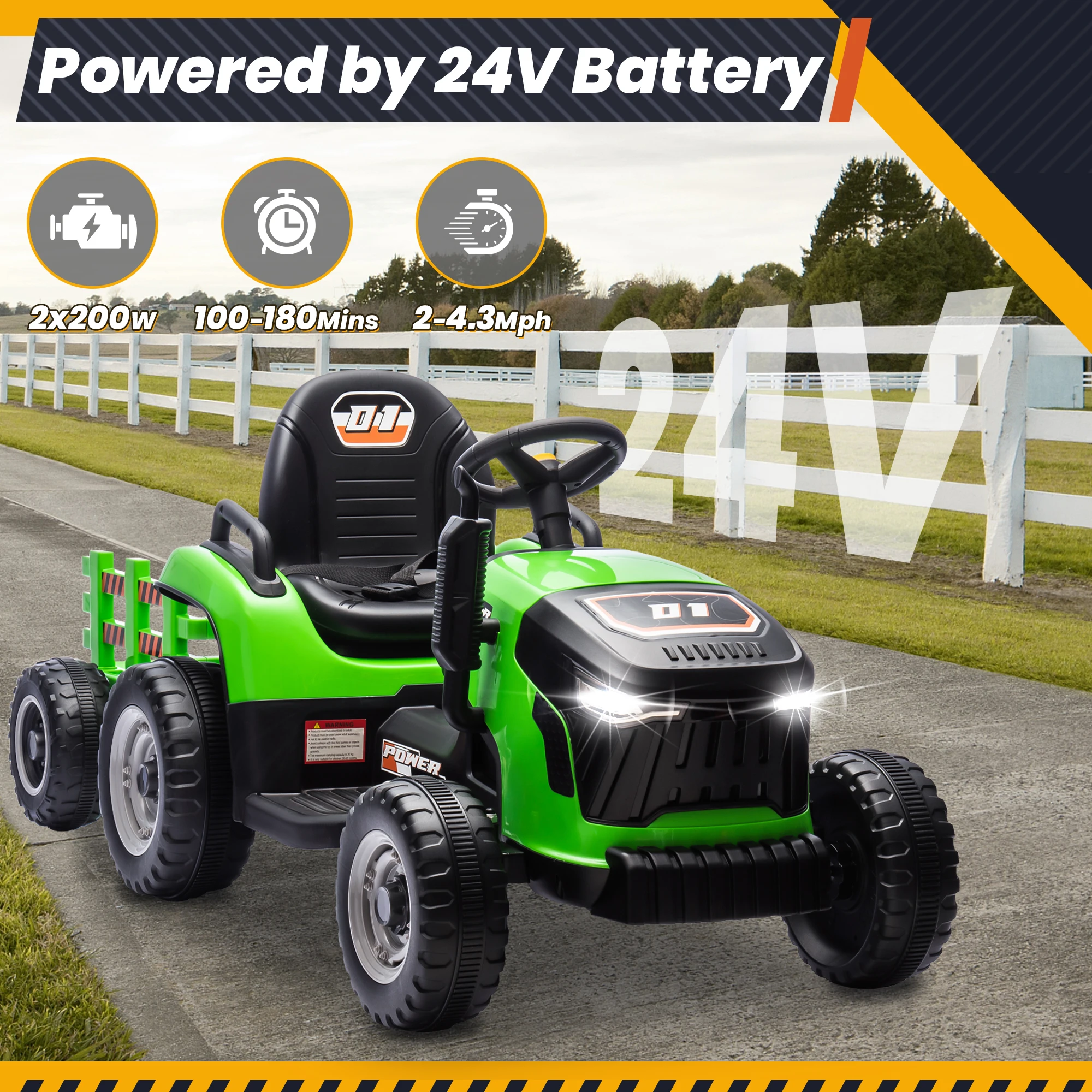 Traktor elektryczny dla dzieci 24V, zabawki elektryczne z silnikami 400W, odchylany i odłączany przyczepa, regulowane siedzenie, Bluetooth, Mu