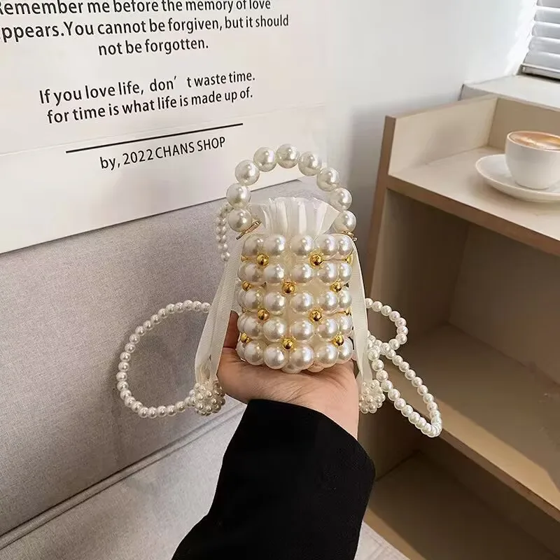 Crossbody Shoulder Bag Medium Hardness Handmade Faux Pearl Bag Pearl Bucket Handbag Handmade Pearl Cylinder Purse For Daily