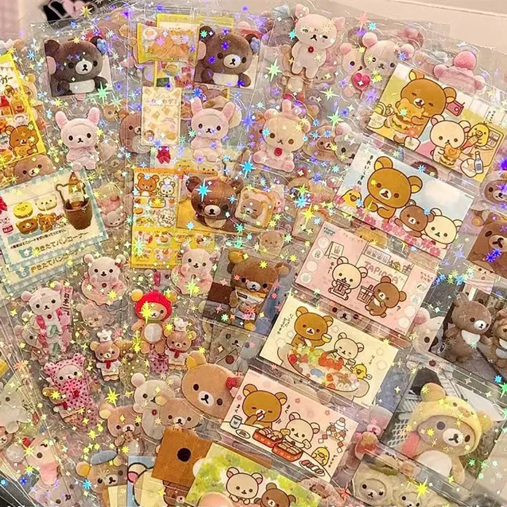 5pcs Hello Kitty Rilakkuma Cartoon Die-cutting Sticker Cute Kitty Cat Flashing Laser Stickers Anime Handbooks Material Stickers